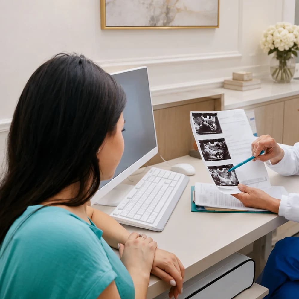 Patient reviewing scan images with a doctor
