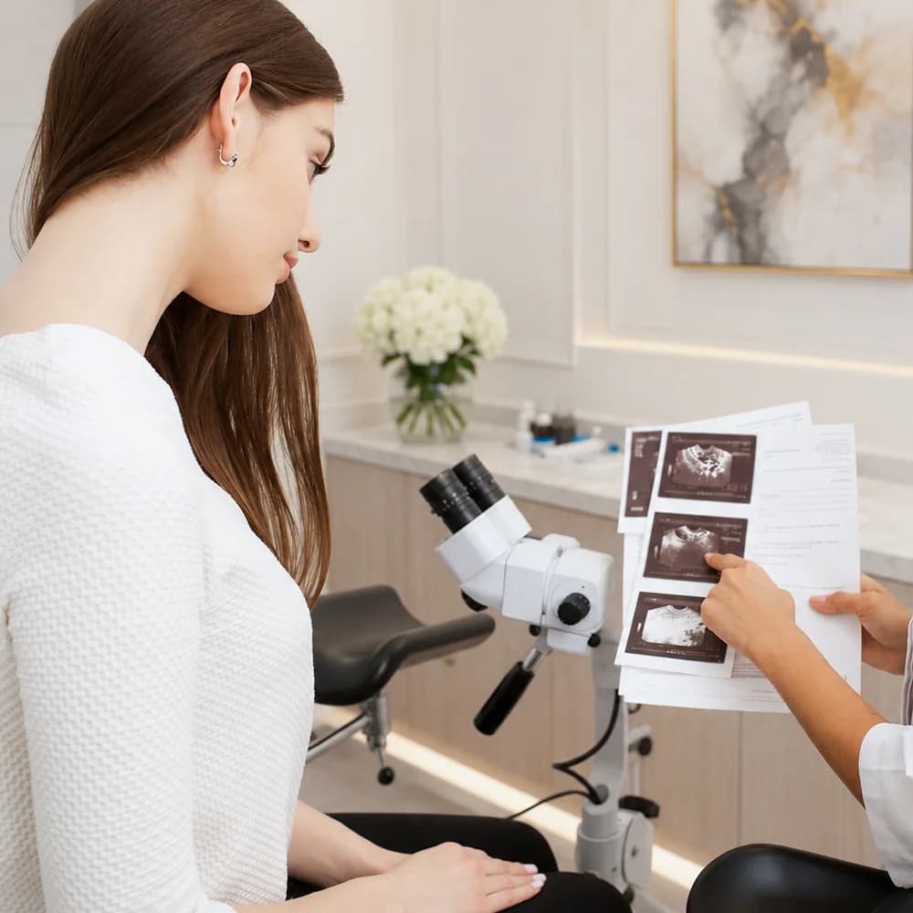Patient reviewing ultrasound scan images with a doctor