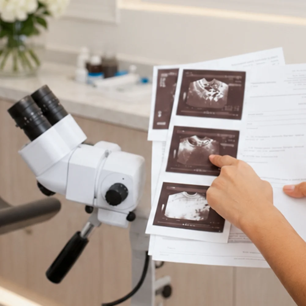 Consultant pointing at scan printouts with a patient