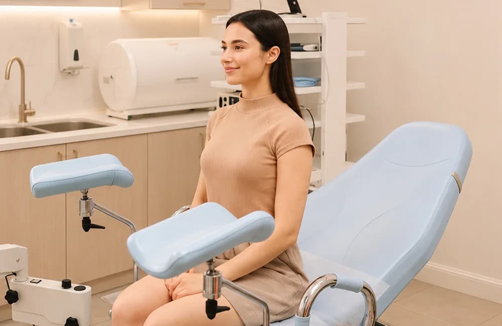 Woman sitting in a clinical examination chair