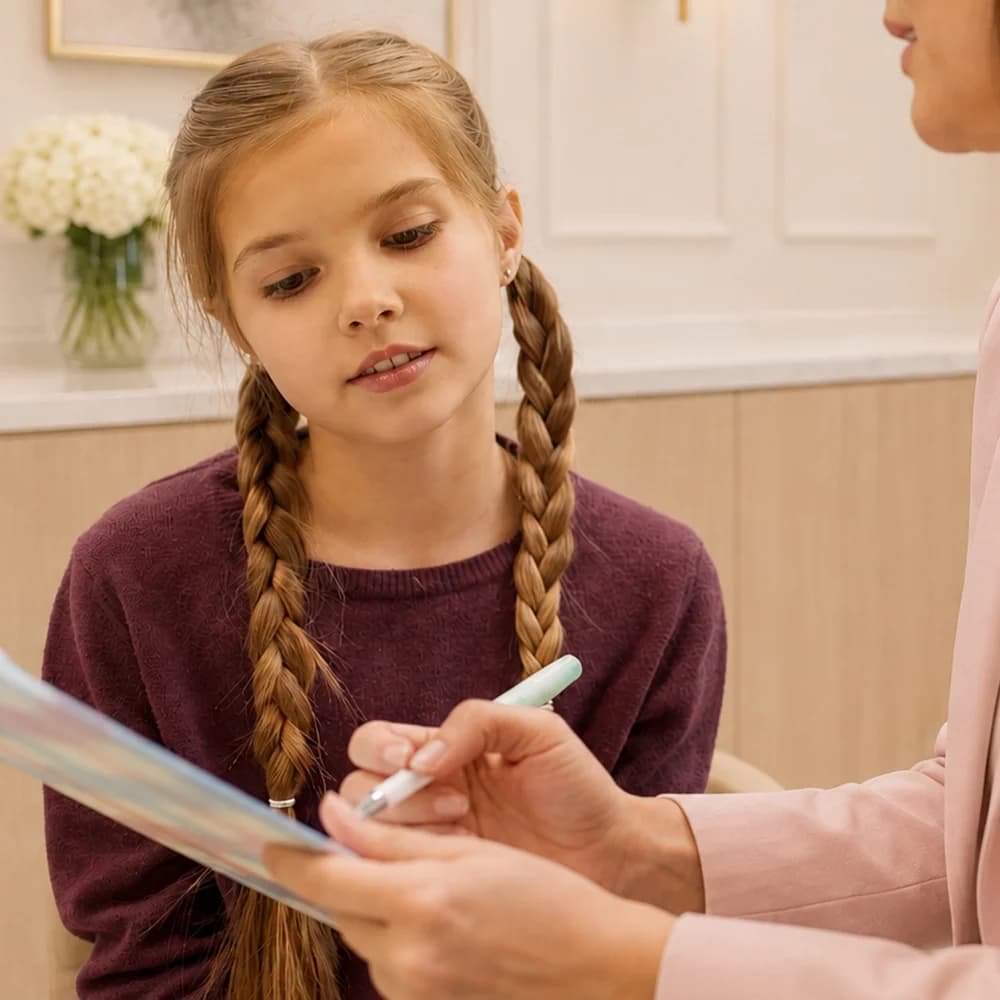 Consultant with a young patient and her parent